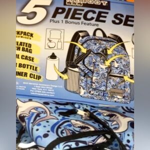 Shark Backpack 5-PC Set Insulated Lunch Bag Water Bottle Carabiner Clip Pencil
